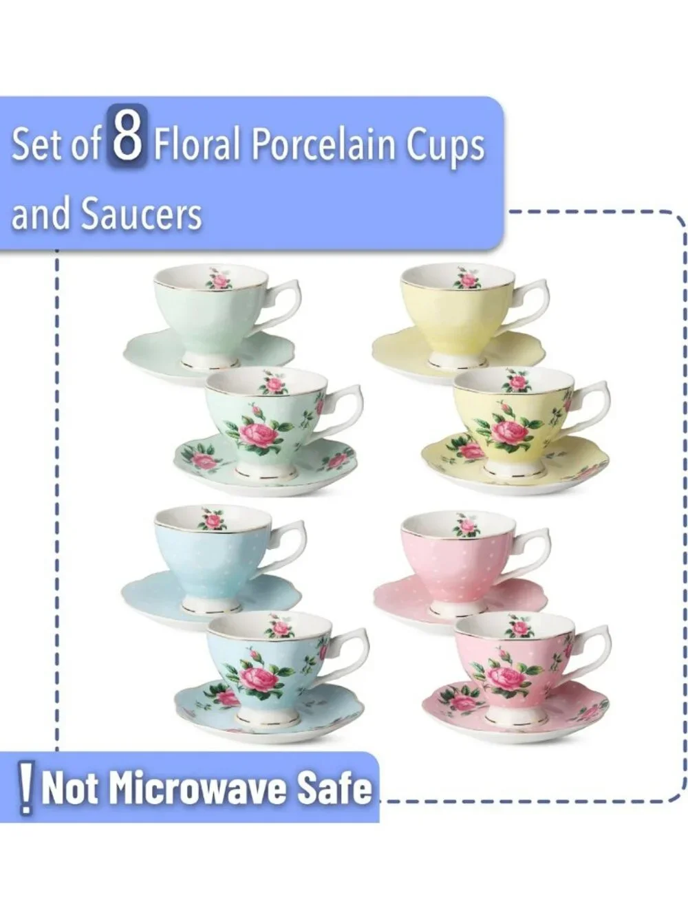 Floral Teacup Set of 8 | Fine Porcelain, Gold Trim, Dishwasher Safe, Perfect for